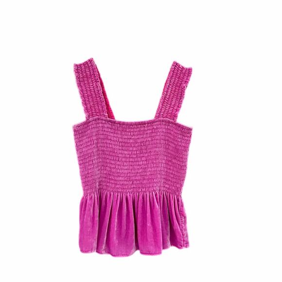 Anthropologie Bright Pink Velvet Peplum Smocked Ruffle Sleeve Tank Top Blouse - Picture 6 of 9